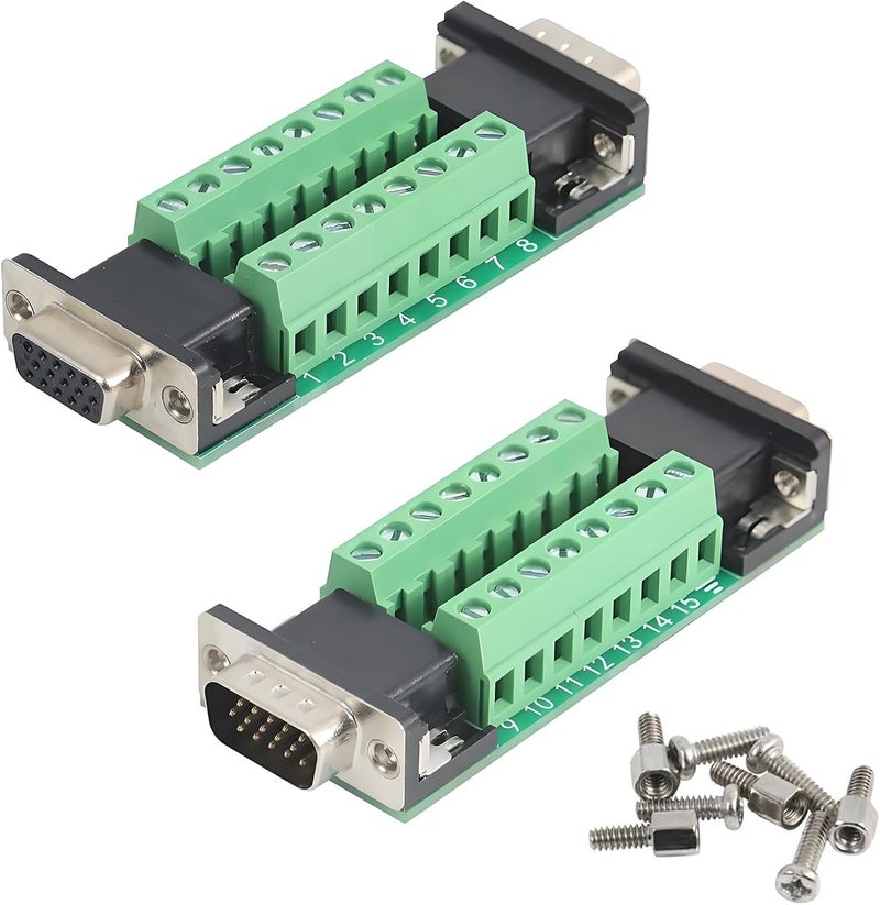 Willwewon 2PCS VGA 3Row 15Pin Male to Female Breakout Board, RS232 D-SUB Serial to 15pin Serial Solderless Port Terminal Gender Changer Connector - Image 1